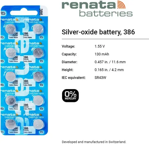 Vista 2 de Renata 386 SR43W Baterías - 1.55V Óxido de Plata 386 Batería de reloj (2 unidades)