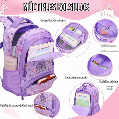 Vista 6 de Mochila de escuela primaria para niñas con lonchera, mochila de regreso a clases 01-lentejuela Púrpura