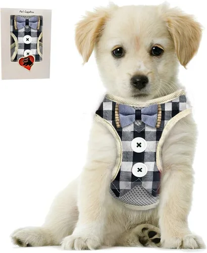 Vista 5 de Bark Lover Arnés para cachorro pequeño con corbatín, chaleco ajustable de malla para perros pequeños, gatitos, perfecto para fiestas, bodas y Negro