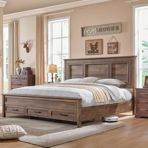 Vista 10 de ACCOHOHO Bastidor de cama Queen de estilo granja con cabecera y estribo de panel completo de 52" de alto, estructura de cama Queen con cajones