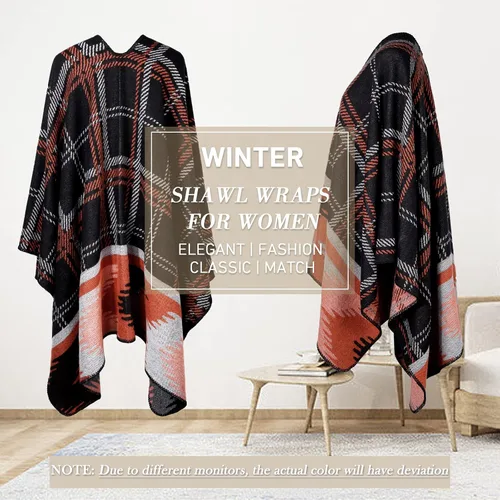 Vista 3 de Chal para mujer, bufanda de pashmina, capa cálida para invierno, poncho abierto al frente para primavera y otoño Cuadros - Negro-naranja