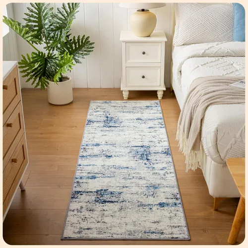 Vista 79 de Istana Alfombra larga antideslizante de 2.5 x 8 para el hogar, para pasillo y cocina, lavable, sedosa y suave al tacto, elegante, color azul y marfil