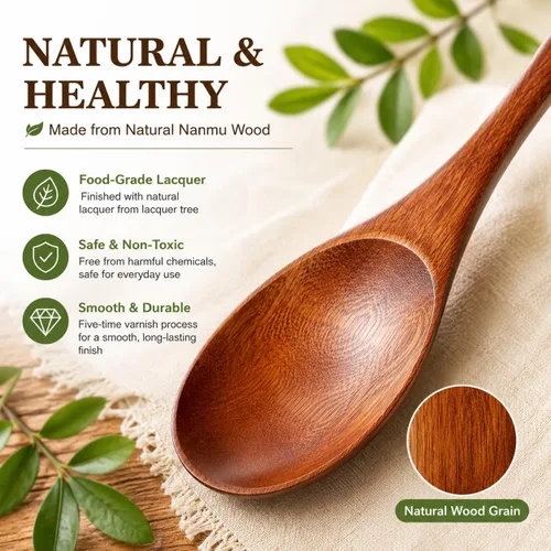 Vista 2 de Muulaii - Paquete de 6 cucharas de madera para sopa, cuchara de madera de mango largo de 9 pulgadas Madera natural Nanmu, laca de grado