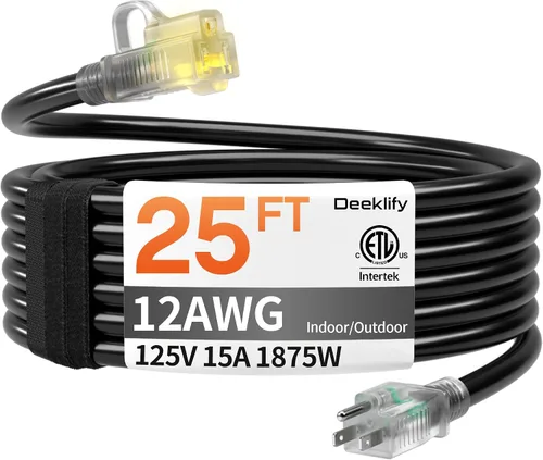 Vista 14 de Cable de extensión para exteriores de servicio pesado de calibre 12 de 50 pies con extremo iluminado, resistente al agua, cable de extensión de Negro
