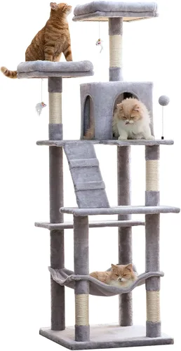 Vista 25 de MWPO - Árbol para gatos, multiestructura para gatos grandes con postes rascadores de sisal, plataforma acolchada, hamaca y condominio, torre Beige