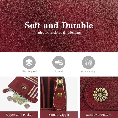 Vista 8 de Cartera de cuero con doble pliegue para mujer, bloqueo RFID, tarjetero compacto, cartera pequeña con ventana para identificación extraíble, A6-rojo