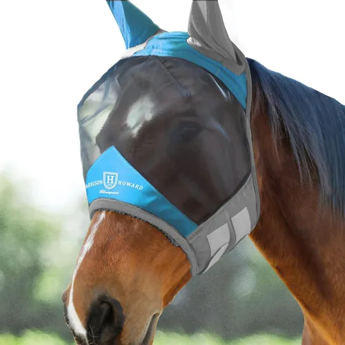 Vista 27 de Harrison Howard Máscara de mosca de caballo luminosa profesional estándar con orejas protección UV para caballo, azul y plateado, pequeño poni