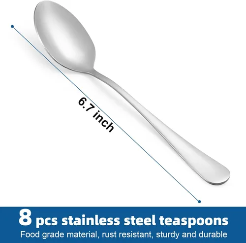 Vista 2 de Juego de 8 cucharaditas, cubiertos de cucharas de acero inoxidable de grado alimenticio, cucharas de té, cucharas de postre duraderas, cuchara