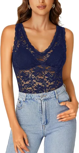 Vista 18 de Rooscier - Blusa sin mangas para mujer, con encaje floral, cuello en V, con volantes, transparente, sin sujetador