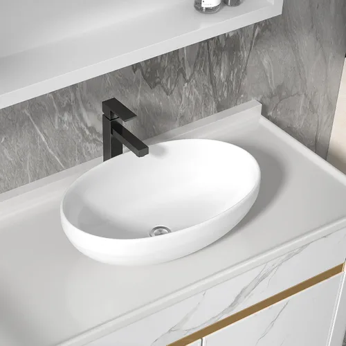 Vista 16 de Fregadero de recipiente blanco redondo - Fulorni 33x33 cm Lavabo de baño de cerámica de porcelana con borde dorado sobre encimera, fregadero