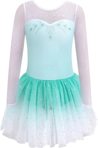 Vista 2 de EQSJIU Leotardo de ballet de manga larga con falda tutú para niñas, baile, gimnasia, niños pequeños, vestido de fiesta de copo de nieve brillante