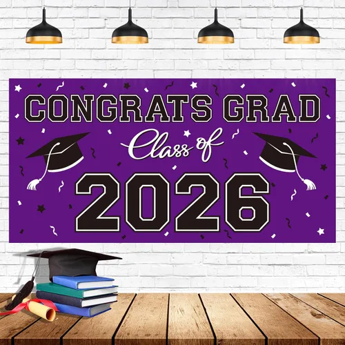 Vista 10 de Telón de fondo de plástico para fiesta de graduación 2026 - 65" x 32.7" Pancarta Congrats Grad en negro, decoraciones grandes de la clase de 2026