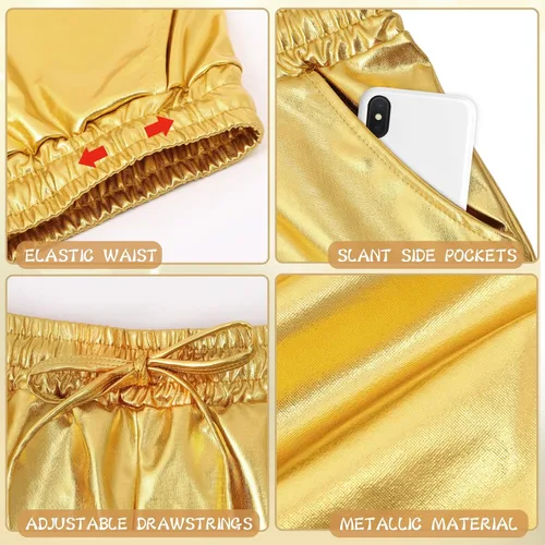 Vista 3 de Pantalones cortos metálicos para mujer con cordón elástico, brillantes, cortos, brillantes, para fiesta de rave, con gafas de sol y riñonera metálica