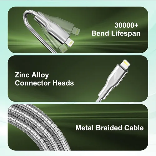 Vista 7 de Cable USB a Lightning de 6.6 pies a prueba de mordidos, cable de carga para iPhone a prueba de perros y gatos, cable de carga para iPhone plateado