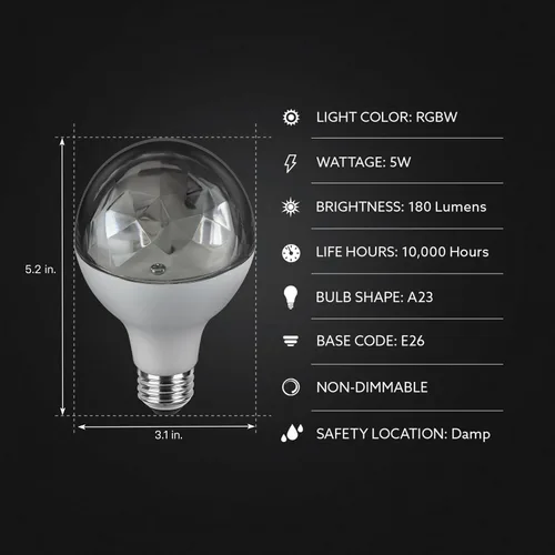 Vista 3 de Feit Electric Bombilla LED A23 giratoria multicolor para fiesta de discoteca, efecto de cambio de color de lente de diamante, base E26, bombilla