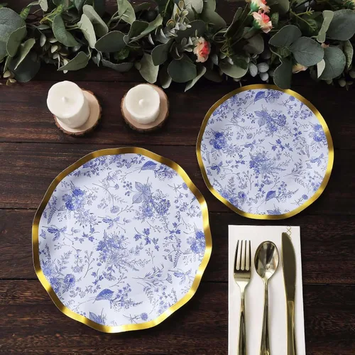 Vista 8 de Efavormart - Paquete de 25 platos de postre de papel chino chino azul y blanco con borde ondulado dorado de 11.32 oz/m² para recepciones y fiestas
