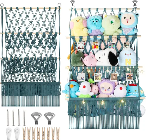 Vista 29 de Red de almacenamiento de animales de peluche de 2 niveles, 17 x 32 pulgadas, organizador grande de animales de peluche para pequeños rellenos