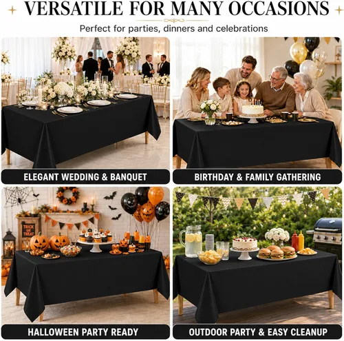 Vista 7 de WNINK Paquete de 2 Manteles Negros Desechables Cubiertas de Mesa 54" x 108" Manteles para Barbacoa Cumpleaños Picnic Despedida de Soltera Compromiso