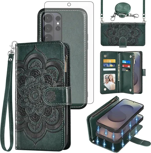 Vista 20 de Asuwish Funda de teléfono para Samsung Galaxy S26 5G con cremallera, magnética, desmontable, con protector de pantalla de vidrio templado, correa