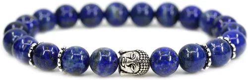 Vista 13 de Piedra preciosa natural con plata de ley 925 con cabeza de Buda de 0.315 in, cuentas redondas, pulsera elástica de 7 pulgadas Amatista