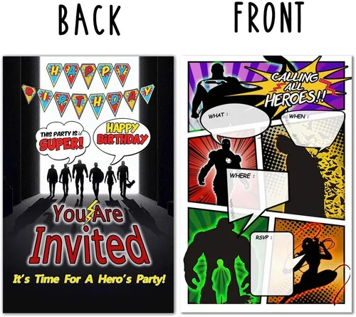 Vista 2 de ukebobo 30 invitaciones de fiesta de cumpleaños de superhéroes con sobres, doble cara, invitaciones de fiesta de superhéroes estilo cómic