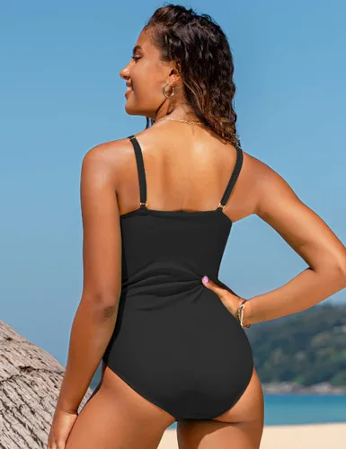 Vista 4 de Hilor - Traje de baño de una pieza para mujer, diseño con cuello en V, parte delantera drapeada y control de abdomen