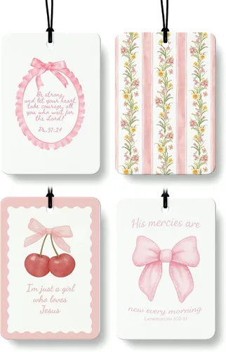 Vista 15 de Ambientador de Aire de Coche de Colonia Cristiana Floral Rosa 4 Piezas, Coquette Preppy Lazo Rosa Flor Colgante Ambientador de Aire para Coches Baño