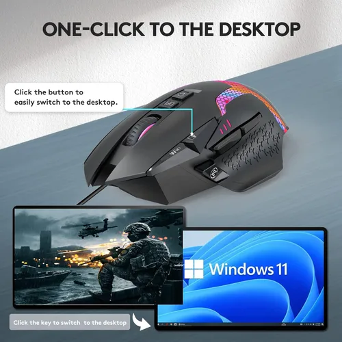 Vista 4 de AOGTUNAL Mouse para juegos con botones programables, diseño ergonómico, iluminación RGB - Mouse duradero con cable para computadora con 10 botones