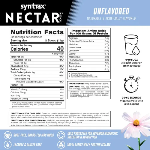 Vista 3 de Syntrax Nutrition Nectar Medical, aislado de proteína de suero totalmente natural, sin sabor, 2 libras (2 libras, sin sabor)
