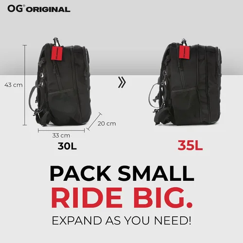 Vista 4 de OG Original CityRunner Mochila para motocicleta, impermeable, expandible, 30-35L, bolsa para casco de motocicleta, correa para casco, gran
