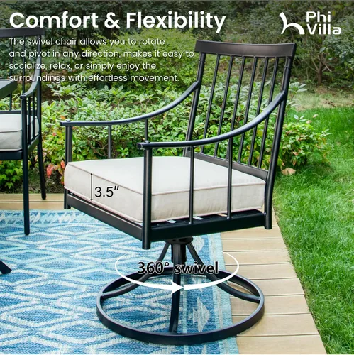 Vista 7 de PHI VILLA Juego de mesa de comedor para patio de 7 piezas con cojín para 6, mesa grande rectangular de metal para exteriores con orificio para Silla