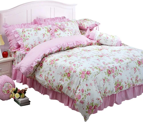 Vista 10 de FADFAY Juego de funda de edredón rosa desgastada, colección de ropa de cama floral rosa, elegante juego de funda de edredón de encaje de princesa