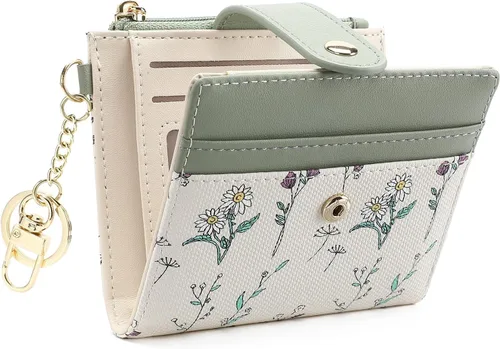 Vista 9 de GAEKEAO - Billetera pequeña para mujer con bloqueo RFID, delgada, de dos pliegues, de cuero floral, tarjetero con bolsillo con cremallera y ventana