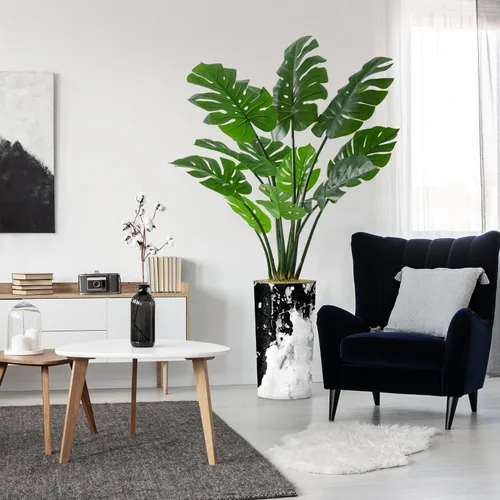 Vista 17 de Árbol artificial en macetero contemporáneo con efecto de granito, palmera tropical areca artificial de seda para decoración del hogar en interiores