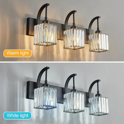 Vista 2 de Luces de tocador de cristal de 3 luces negras para tocador de baño, modernas lámparas de baño de cristal sobre espejo de 23.62 pulgadas de largo