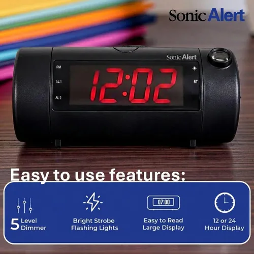 Vista 3 de Sonic Blast Bluetooth Speaker Projection Alarm Clock with Bed Shaker Negro