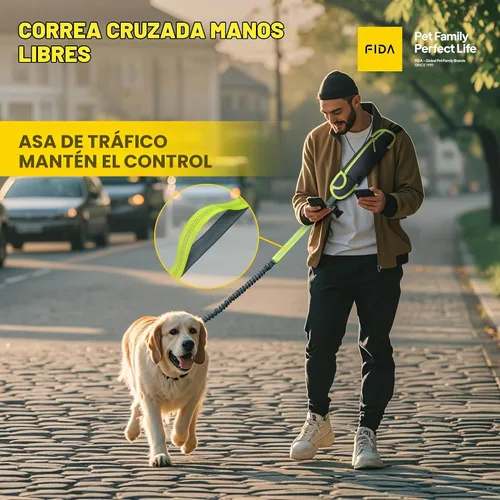 Vista 3 de Fida Correa de perro 3 en 1 manos libres con bolsa de cremallera y elástico, correa reflectante cruzada para correr para perros con asa de tráfico