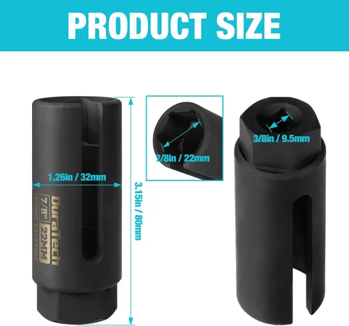 Vista 3 de DURATECH Juego de llaves de vaso del sensor de oxígeno O2 de 3/8" x 7/8" (22mm), herramienta de extracción del sensor de oxígeno de acero