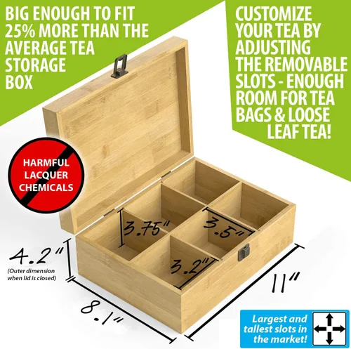 Vista 2 de Caja organizadora de té segura para alimentos, libre de productos químicos, baúl de almacenamiento de bambú, cubos ajustables