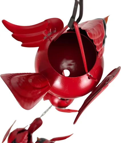 Vista 8 de Cadena de lluvia de metal de 85 pulgadas con 7 pájaros cardenales rojos tridimensionales, acabado marrón rústico, campana pesada en la parte