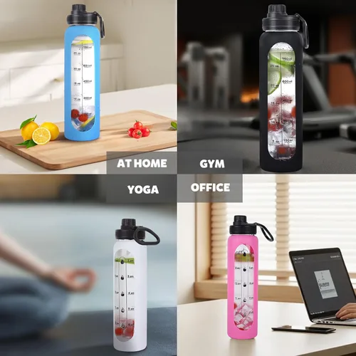 Vista 6 de Botellas de agua de vidrio de 32oz con funda de silicona, botellas de hidratación para beber, reutilizables, borosilicato, boca ancha, cantimplora