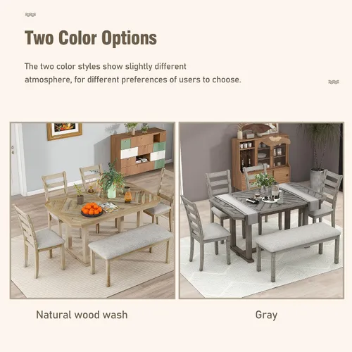 Vista 7 de JIVOIT Juego de mesa de comedor rústica de 6 piezas con hermoso patrón de grano de madera, juego de cocina de madera maciza con mesa de comedor