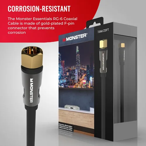 Vista 2 de Monster Essentials - Cable coaxial RG-6 con conector de cable coaxial F-Pin chapado en oro, cable de Internet de alta velocidad con cubierta