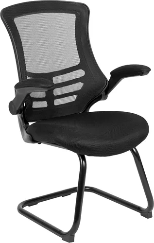 Vista 3 de BizChair Silla de recepción lateral con base de trineo de malla negra con brazos abatibles-sala de espera de oficina