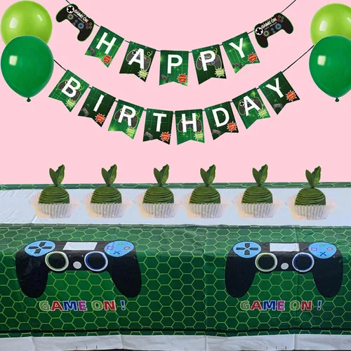 Vista 4 de Suministros de fiesta de videojuegos para niños y niñas, pancarta de juegos de feliz cumpleaños, decoración colgante de bienvenida, globos