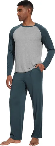 Vista 15 de WiWi Conjunto de pijama de viscosa de bambú para hombre, ropa de dormir de manga larga, ropa de dormir de punto, 2 piezas, conjuntos de ropa