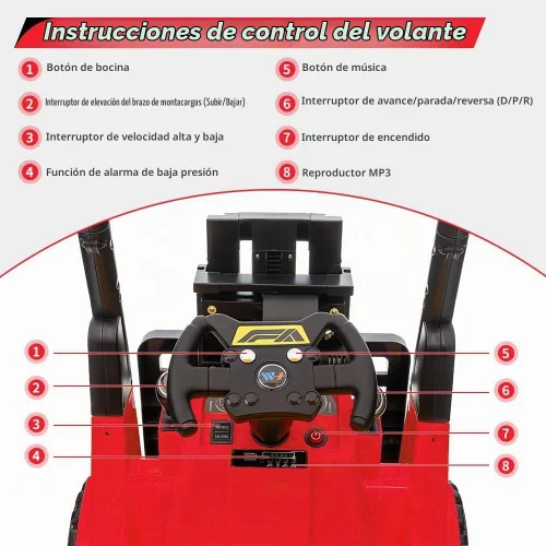 Vista 4 de Ride on Forklift Car, 12V Electric Cars with Liftable Fork and Pallet Rojo