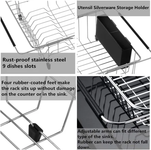Vista 4 de SANNO - Escurreplatos para secar platos, estante grande para platos ajustable con escurridor profundo y soporte extraíble para cubiertos, estante