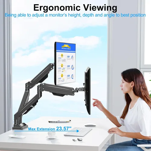 Vista 7 de Soporte de monitor doble para pantallas de hasta 43 pulgadas, brazo de monitor dual ultra ancho resistente con capacidad para 2.2-33 libras cada