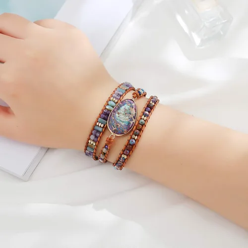 Vista 2 de Plumiss Colección de pulseras de cuentas de cuero de cristal natural hechas a mano para mujer